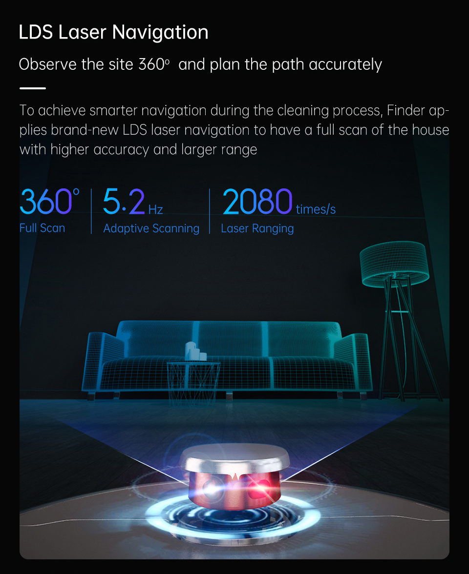 TROUVER Finder Robot Vacuum Cleaner 2000Pa Powerful Suction LDS Laser Navigation 120 Mins Running Time 270ml Electric Water Tank 570ml Dust Box Mijia APP Control for Pets Hair, Carpets and Hard Floor