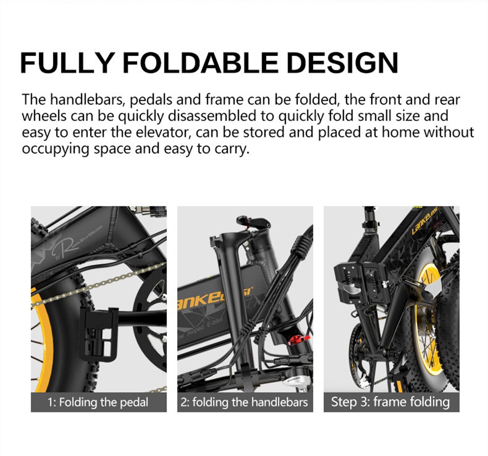 LANKELEISI X3000 Plus Folding Electric Bike Bicycle 48V 1000W Motor 10.4Ah Battery 26x4.0 Tires Aluminum Alloy Frame Hydraulic Disk Brake Shimano 7 Speed Derailleur Max Speed 46km/h 90KM Mileage Range 3 Riding modes - Black Yellow