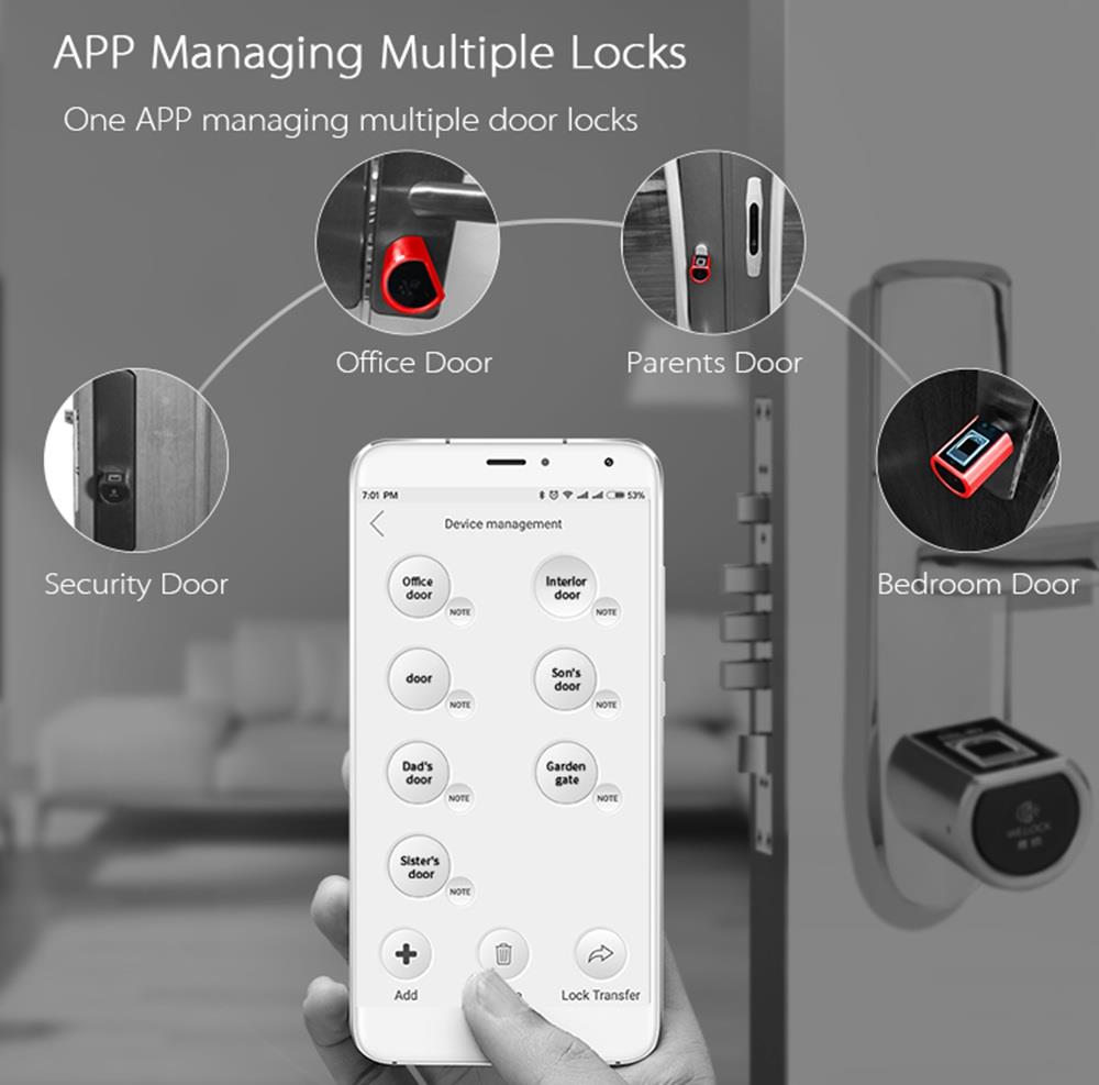 WE.LOCK Intelligent Electronic Door Lock Cylinder Fingerprint + Bluetooth + Remote Control IP44 Waterproof Opening via Smartphone, WiFi Box Working with Alexa, 3 Minute DIY Fast Easy Assembly Suitable for Doors with Thickness of 55-105mm - Silver