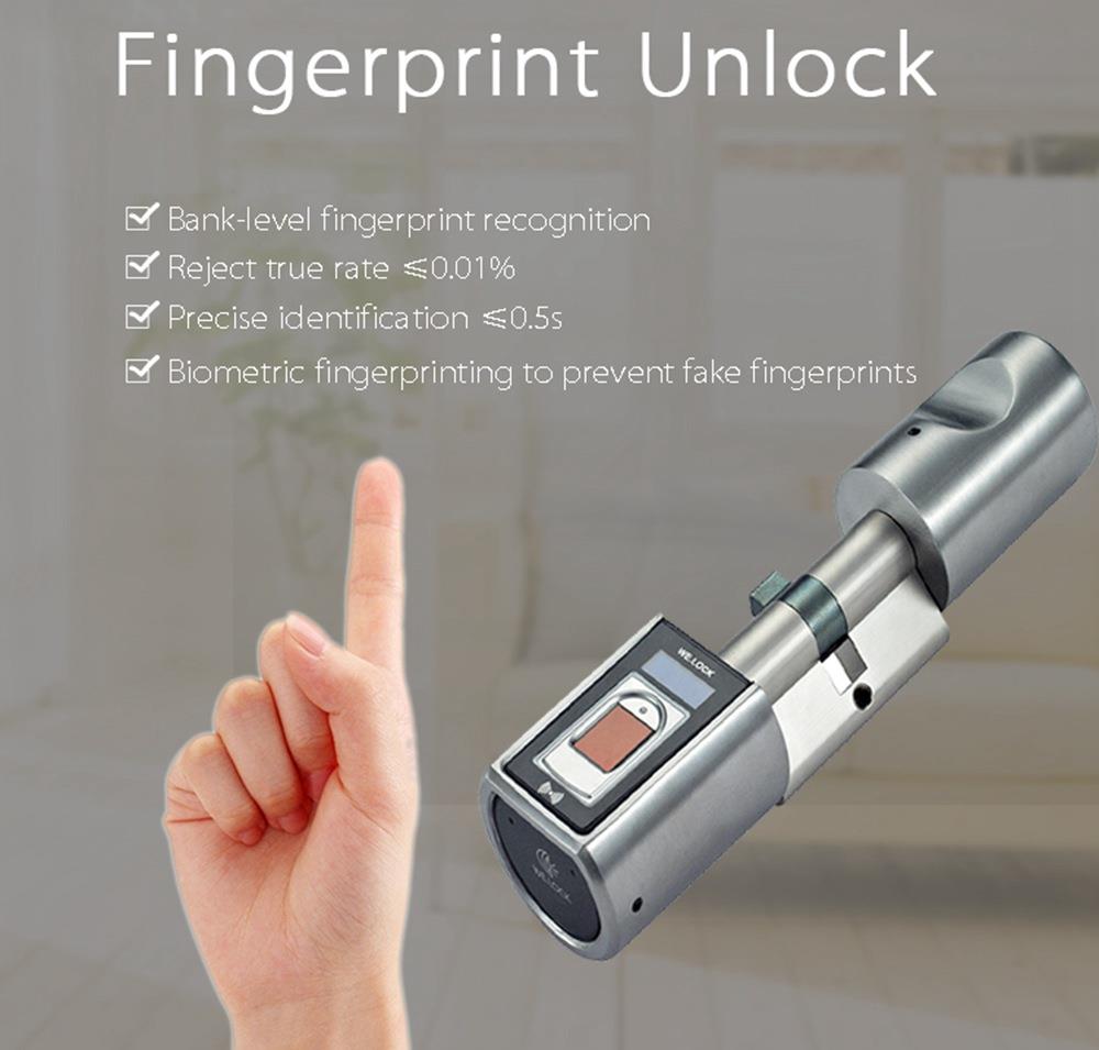 WE.LOCK Intelligent Electronic Door Lock Cylinder Fingerprint + Bluetooth + Remote Control IP44 Waterproof Opening via Smartphone, WiFi Box Working with Alexa, 3 Minute DIY Fast Easy Assembly Suitable for Doors with Thickness of 55-105mm - Silver