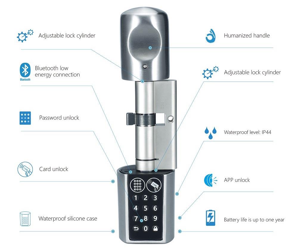 WE.LOCK Intelligent Electronic Door Lock Cylinder Password + RFID Card + Bluetooth Control IP44 Waterproof Opening via Smartphone, WiFi Box Working with Alexa, 3 Minute DIY Fast Easy Assembly Suitable for Doors with Thickness of 55-105mm - Silver