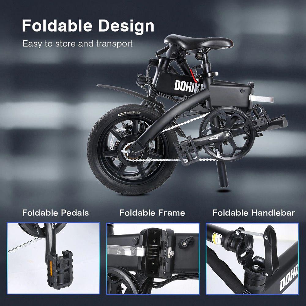 DOHIKER KSB14 Folding Electric Bicycle 36V 250W Brushless Motor 14" CST Tire 10Ah Battery 25km/h City Bike LED Headlight Dual Disc Brakes Foldable Design - Black