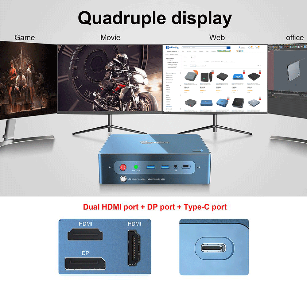 Beelink GT-R Pro MINI PC AMD Ryzen5 3550H Quad Core 8GB RAM 256GB SSD 1TB HDD  Radeon Vega 8 Graphics Wi-Fi CERTIFIED 6 802.11ax Bluetooth 5.1 HDMI*2 DP RJ45*2 Type-C Screen Mirroring