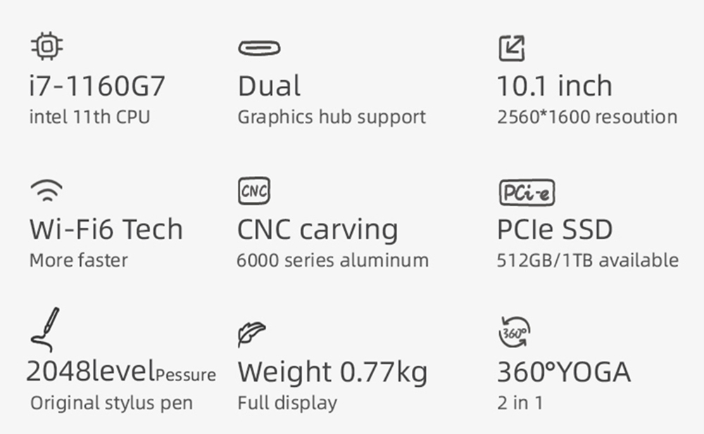 One Netbook 4 Platinum Laptop 360 Degree YOGA 10.1" Touch Screen Intel Core i7-1160G7 16GB DDR4 RAM 512GB PCI-E SSD WiFi 6 Windows 10 Fingerprint - Black