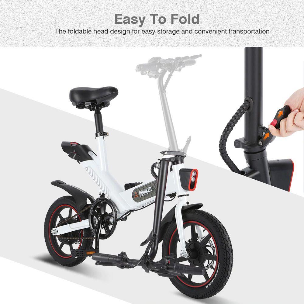 DOHIKER Y1 Folding Electric Bicycle 36V 350W 14 inch 10Ah Battery 25km/h City Bike LED Headlight IP54 Waterproof - Black