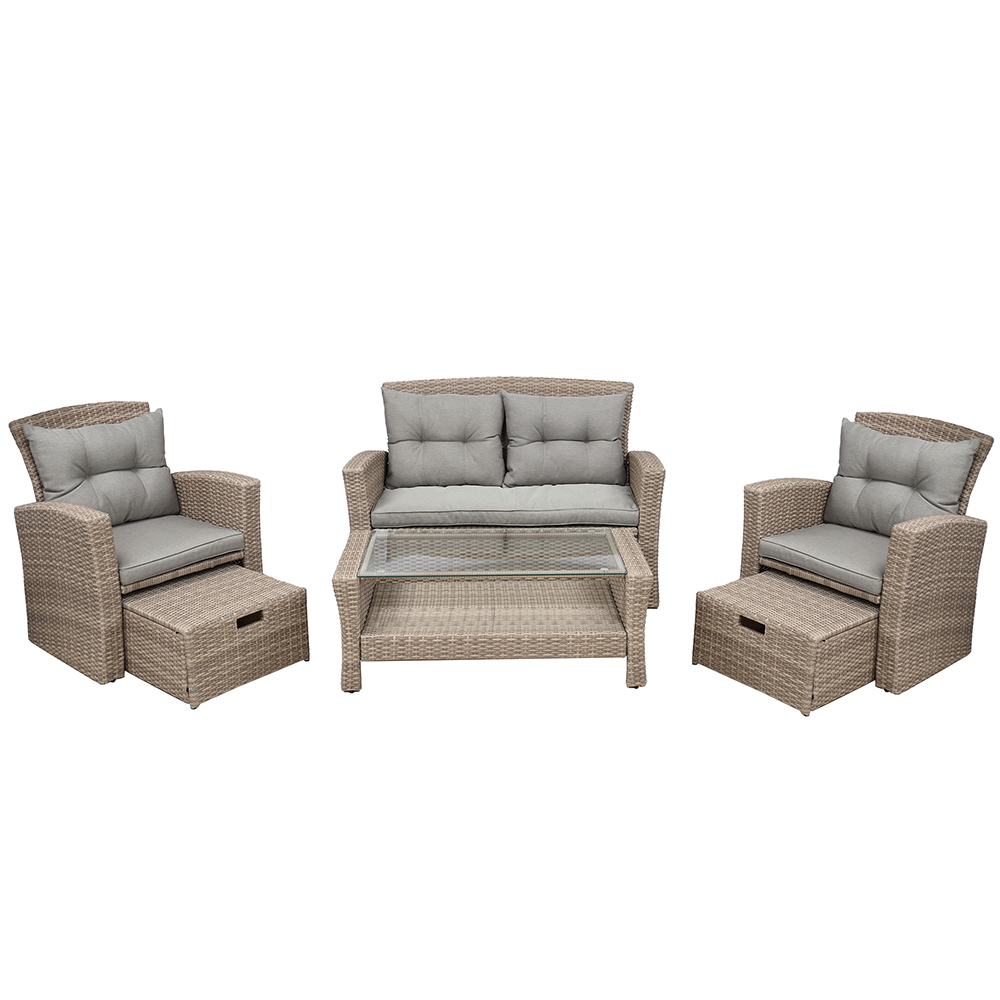 4 Piece Outdoor Patio Furniture Set, Including Dual Person Sofa, 2 Chairs, 2 Ottomans, and Coffee Table - Gray