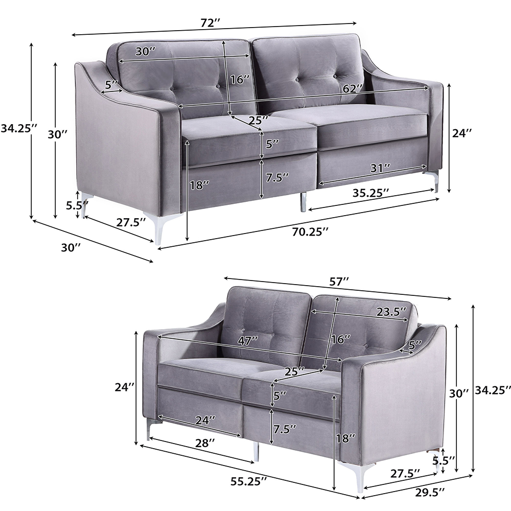 57"+72" Velvet Upholstered Sofa Set Mid-century Modern Design with Armrests and Chrome-plated Metal Legs Suitable for Five People - Gray