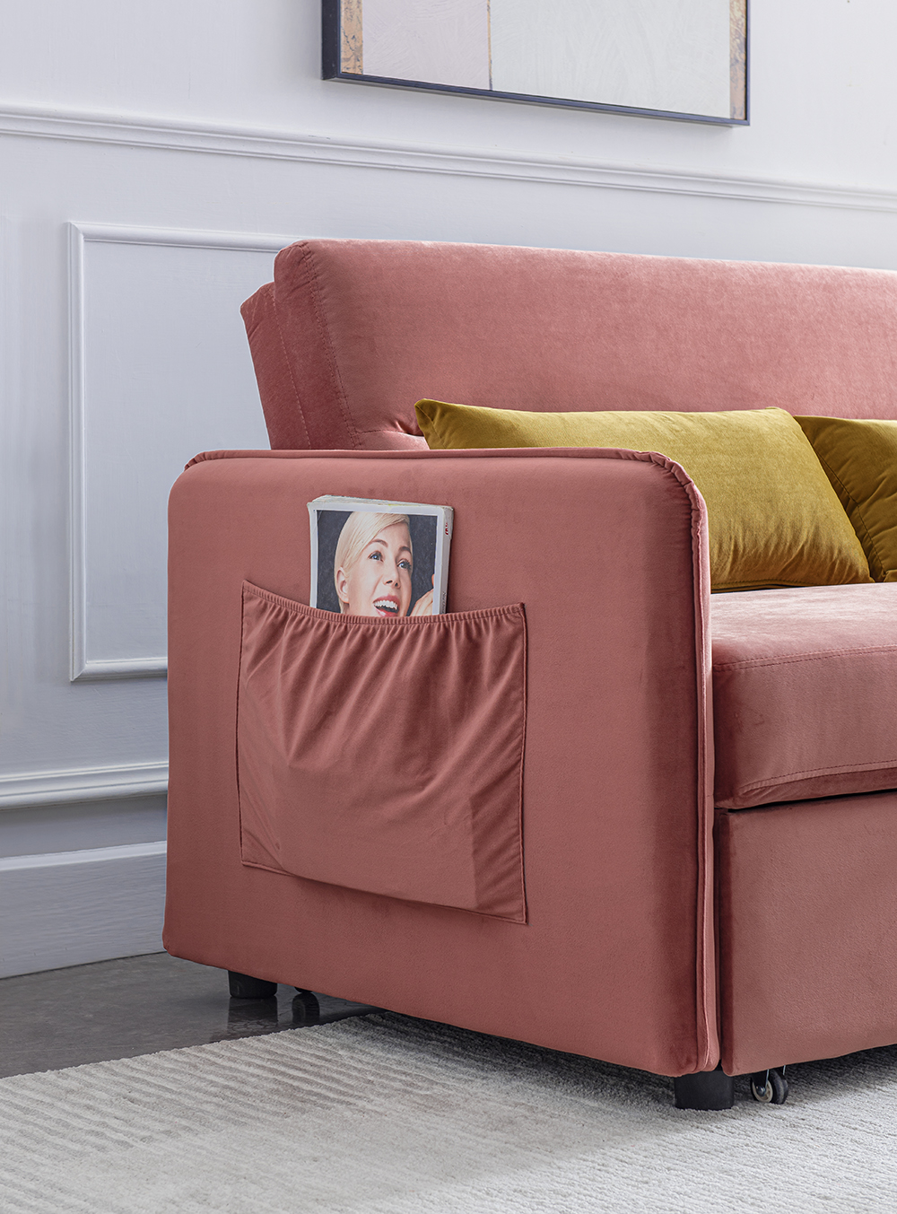 57" Velvet Multifunctional Pull-out Sofa Bed Lying and Sitting 2-in-1 with Armrests and 2 Lumbar Pillows, 2 Seats - Pink