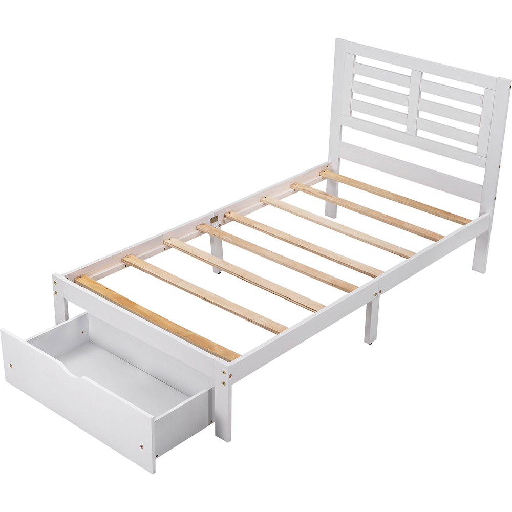 Twin Size Wooden Bed Frame with Storage Drawer White | United States