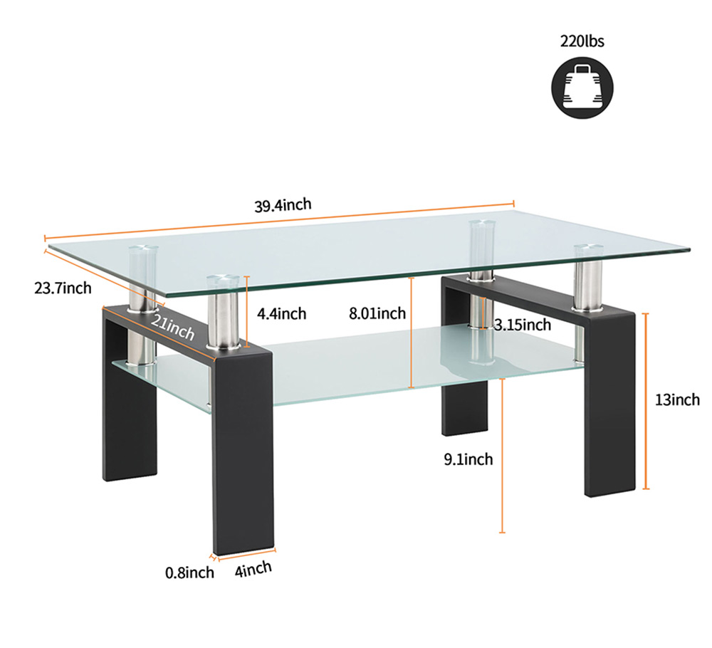 Household Rectangular Glass Coffee Table, Dual Storey, Easy to Clean - Black