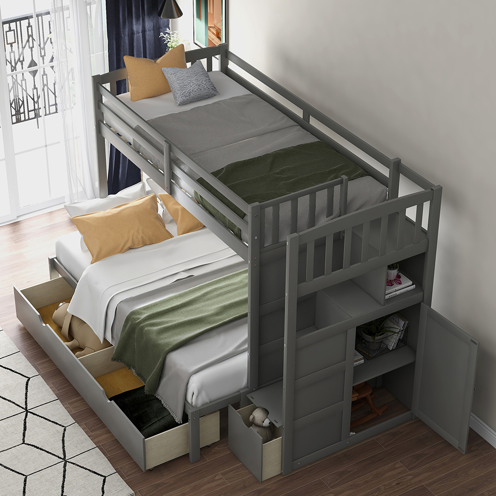 Twin-Over-Twin Size Wooden Bunk Bed Frame, Convertible Bottom Bed, With Storage Stairs And Drawer - Gray 7 Twin-Over-Twin Size Wooden Bunk Bed Frame, Convertible Bottom Bed, with Storage Stairs and Drawer - Gray