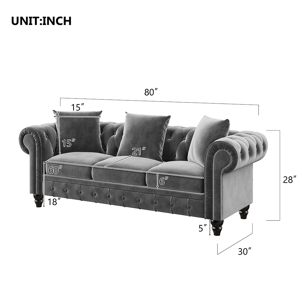 80" Velvet Upholstered Sofa Chesterfield Design with Roll Arm and 3 Pillows Suitable for Three People - Gray