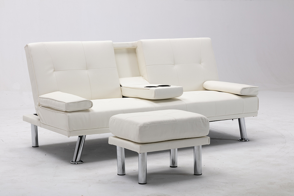 Folding Air Leather Sofa Bed with 2 Cup Holders White