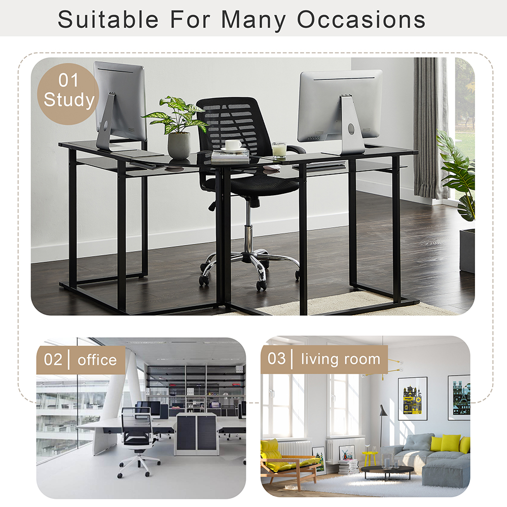 Home Office 56" L-Shaped Round Corner Glass Computer Desk with Shelf - Black