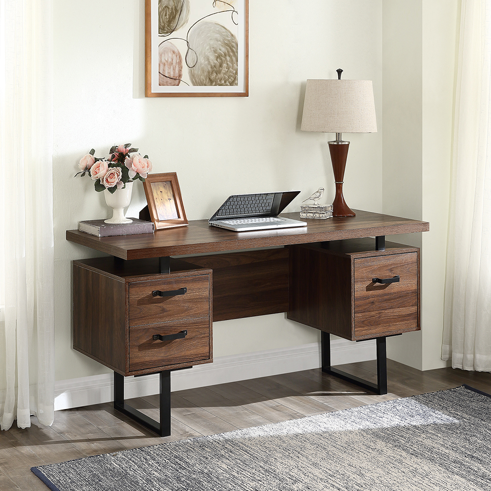 Home Office Computer Desk with Three File Drawers, U-shaped Metal Legs - Walnut