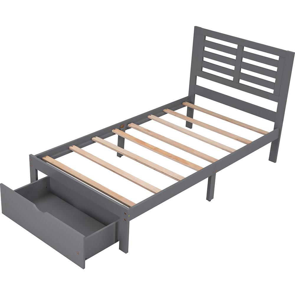 Twin Size Wooden Bed Frame with Storage Drawer - Gray