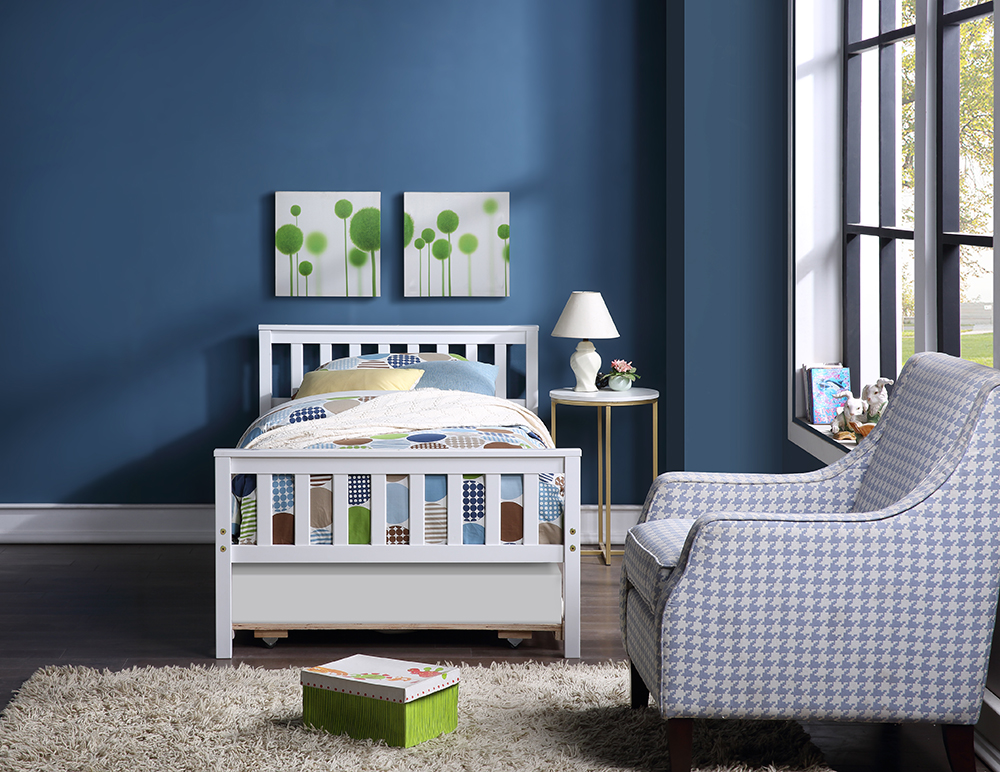 Twin Size Pull-out Combination Pine Bed Frame with Headboard and Footboard - White