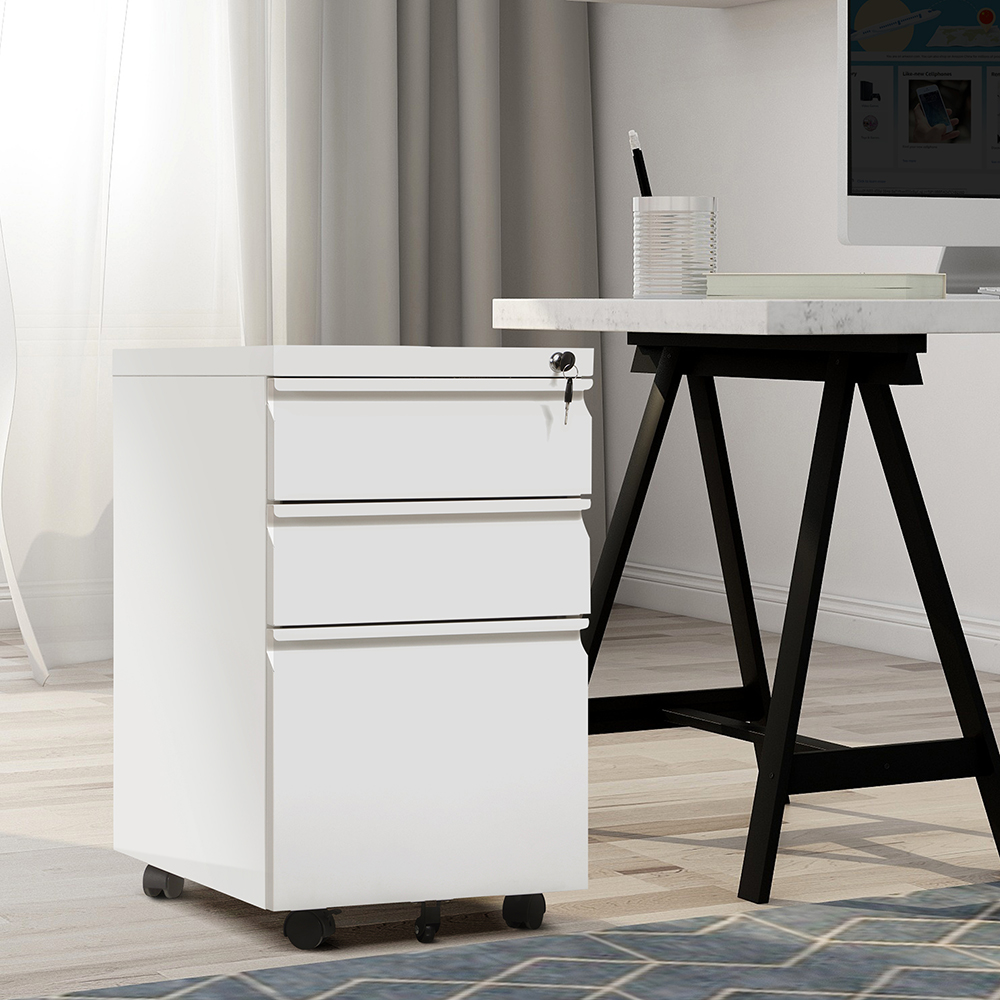 Home Office Steel Removable File Cabinet with 3 Drawers and Casters - White