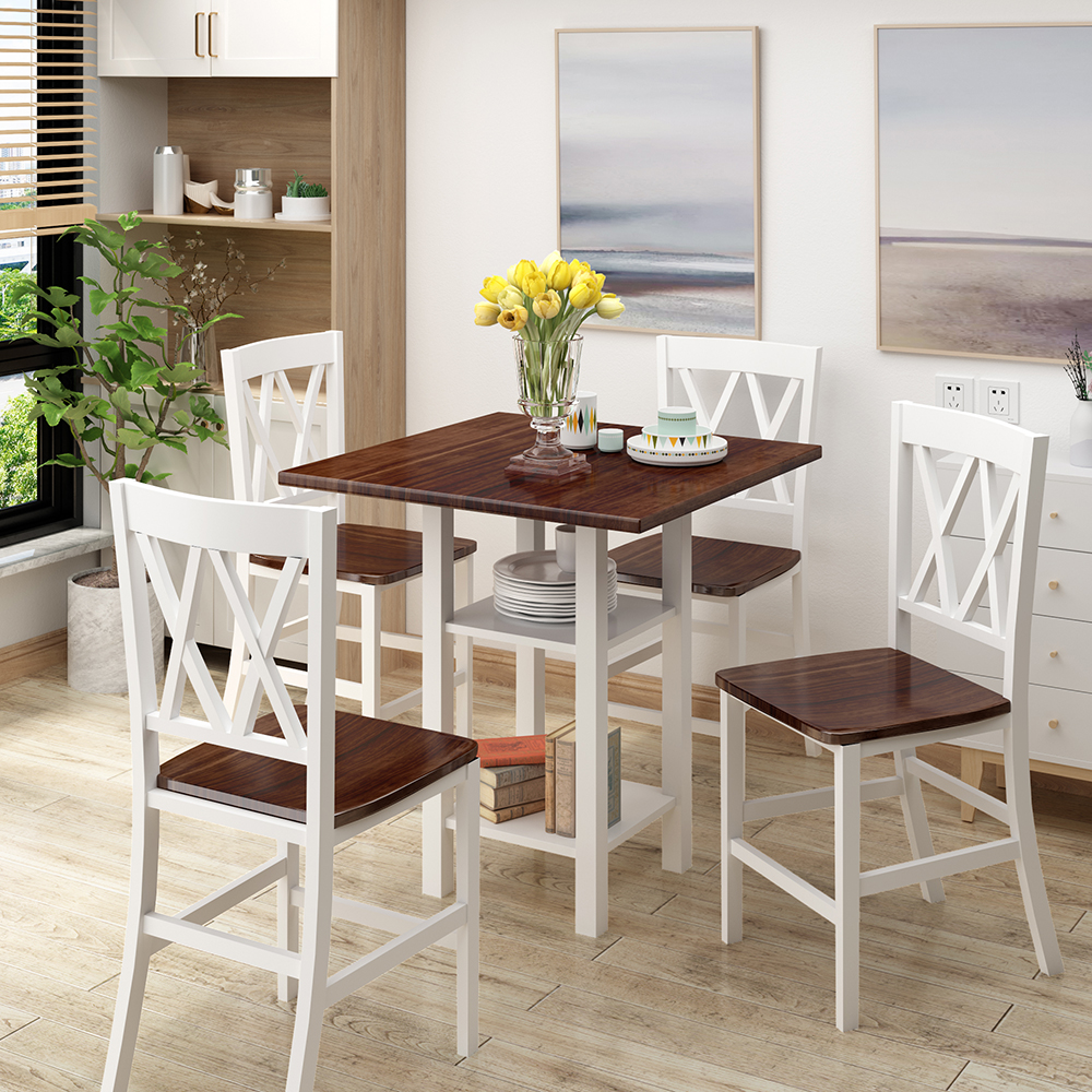TOPMAX 5 Pieces of Rubber Wood Dining Set, with Double-layer Shelves & 4 * Matching Chairs - White