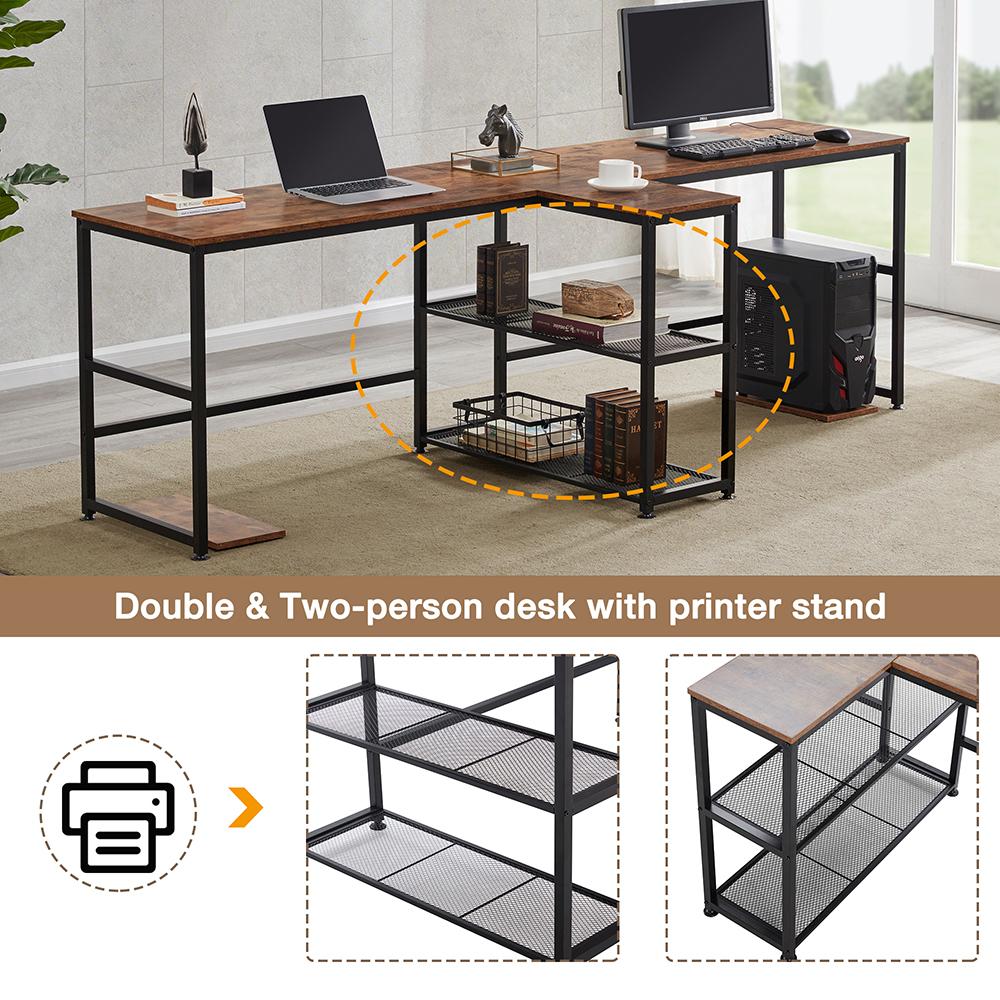 Home Office Dual Person Computer Desk with Two-layer Shelf and CPU Bracket - Brown