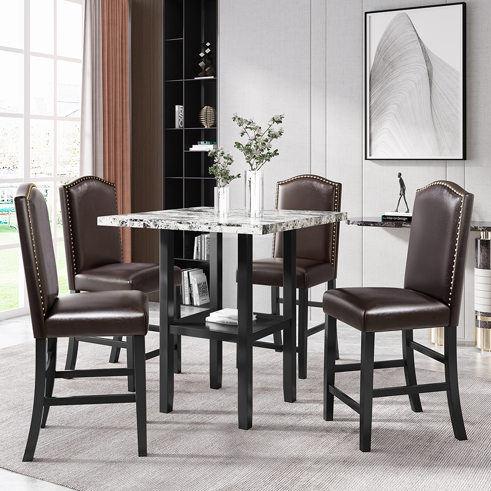 TOPMAX 5 Pieces of Rubber Wood Dining Set, with Shelf & 4 * Matching Chairs