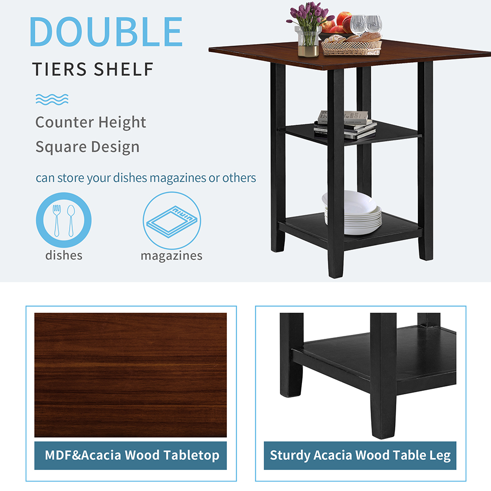 TOPMAX 5 Pieces of Rubber Wood Dining Set, with Double-layer Shelves & 4 * Matching Chairs - Black