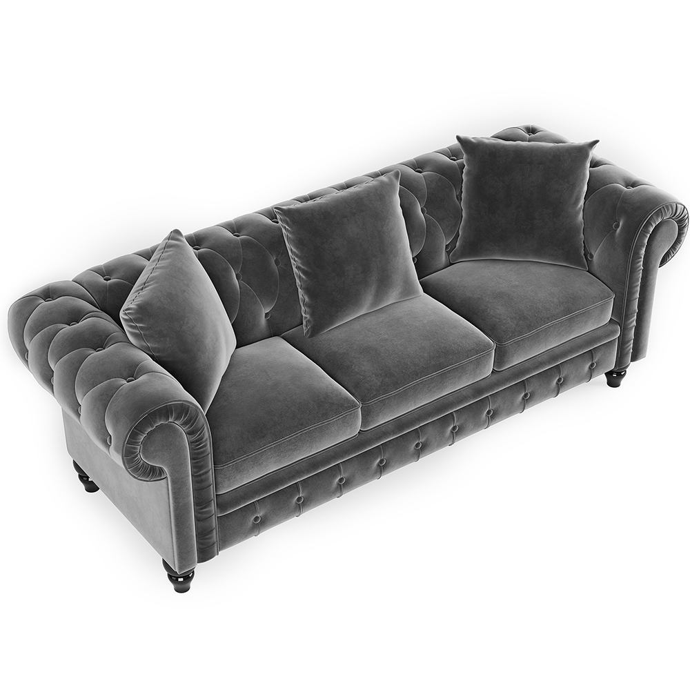 80" Velvet Upholstered Sofa Chesterfield Design with Roll Arm and 3 Pillows Suitable for Three People - Gray
