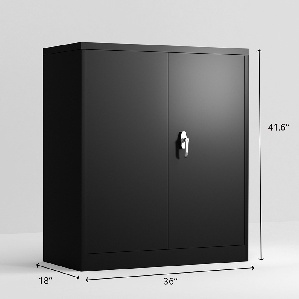 Three-layer Steel Storage Cabinet with 2 Adjustable Partitions and Lockable Doors - Black