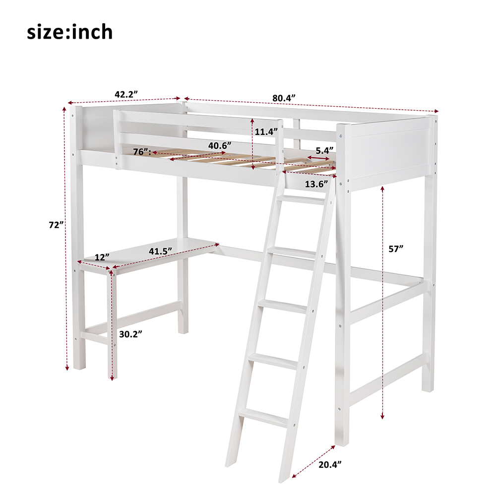 Twin Size Wooden Loft Bed Frame with Desk and Ladder Suitable for Small Rooms - White