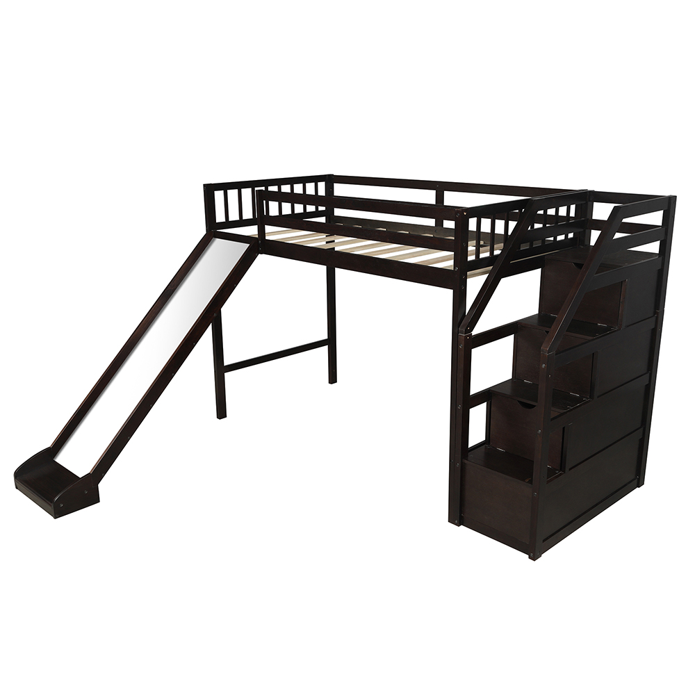 Twin Size Wooden Loft Bed Frame with Shelf and Slide Espresso