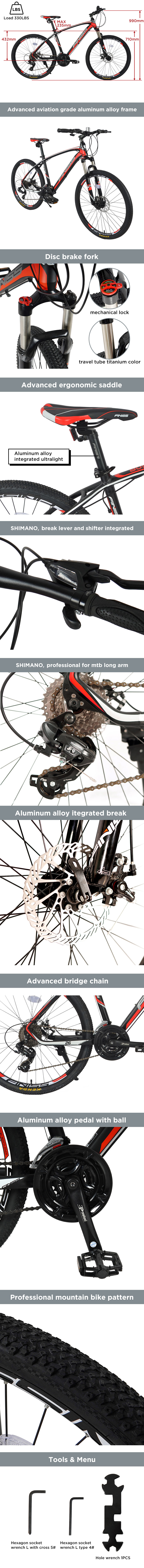 Finiss 26 Inch Bike SHIMANO 24-speed Shift Aluminum Alloy Frame Disk Brakes - Black/Red