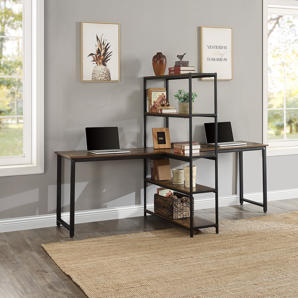 Home Office Two Person Computer Desk with Four-layer Shelf, Extra Large Double Workstations Office Desk - Brown