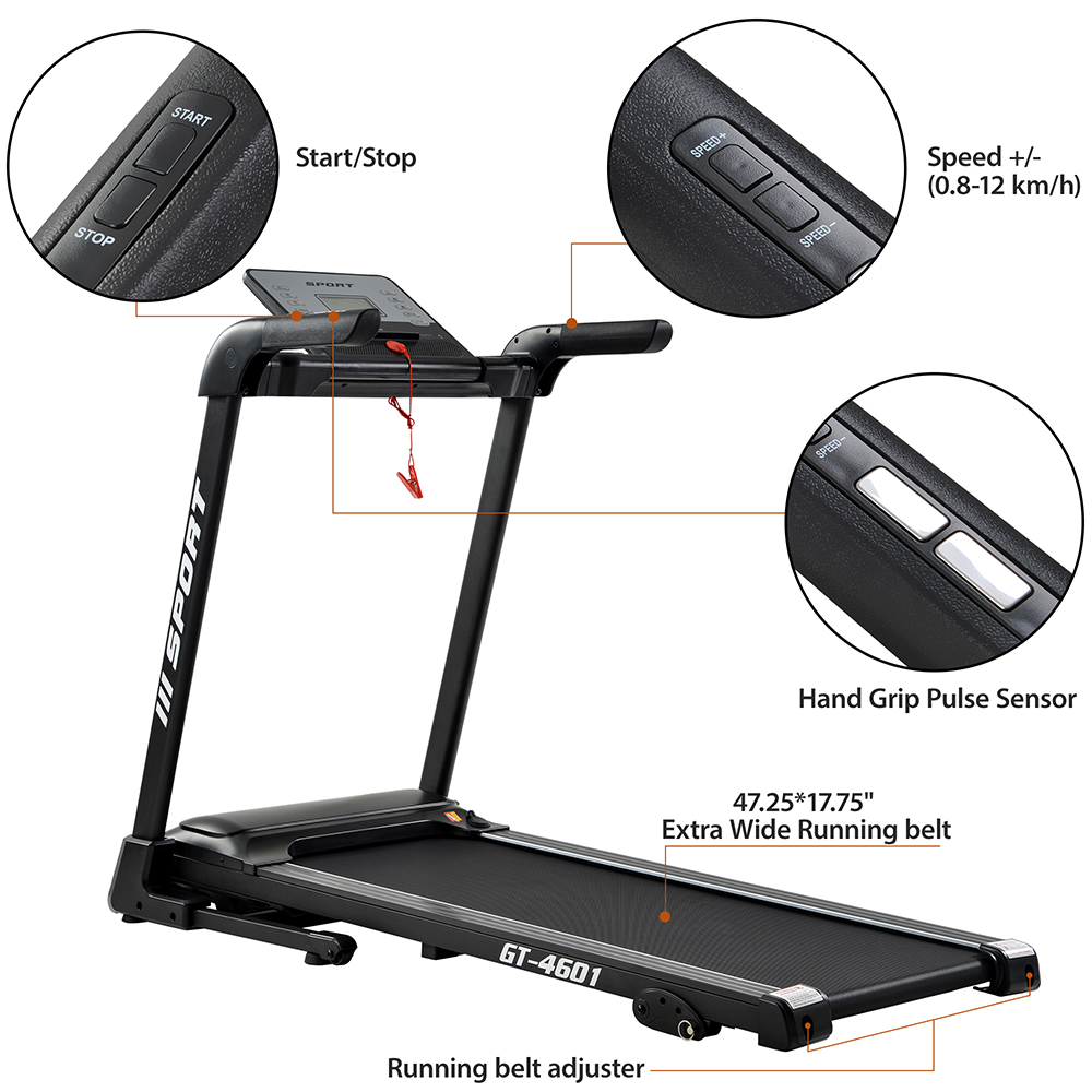 GT-4601 2.25HP Foldable Treadmill Home Gym Diamond Pattern Silent Belt 47.25 X 17.75" Soft Dropping Built-in Speaker with Large LCD Display - Black