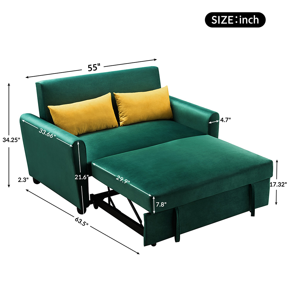 55" Velvet Multifunctional Pull-out Sofa Bed Lying and Sitting 2-in-1 with 2 Pillows and Wheels, 2 Seats - Green