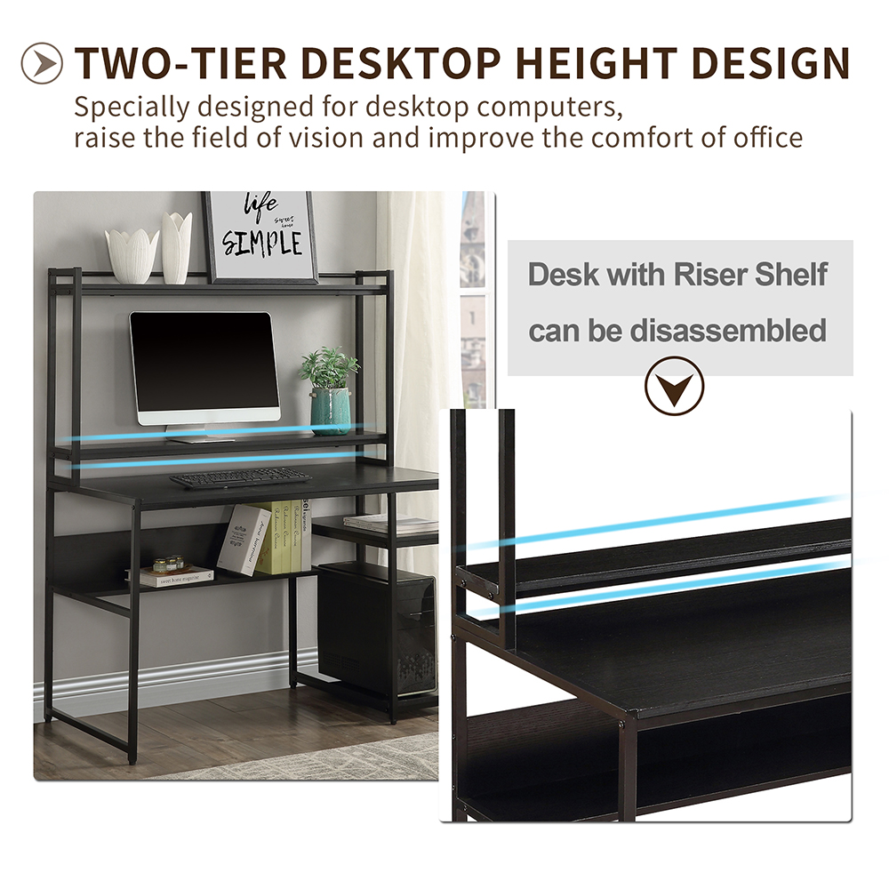 Home Office Computer Desk with Bookshelf & Detachable Display Riser & CPU Bracket - Black