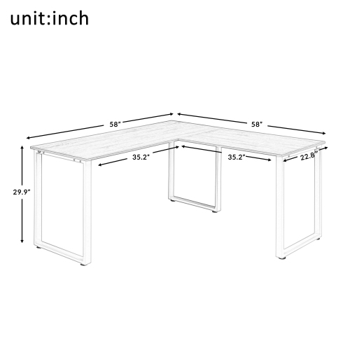 Home Office L-shape Computer Desk Wooden Tabletop Metal Frame - White