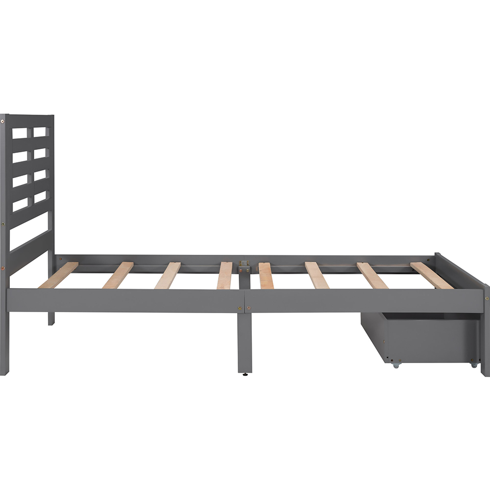 Twin Size Wooden Bed Frame with Storage Drawer - Gray