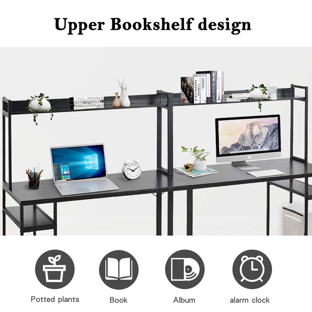 Home office Dual Person Computer Desk with Two-layer Shelf and Open Top Partition - Black