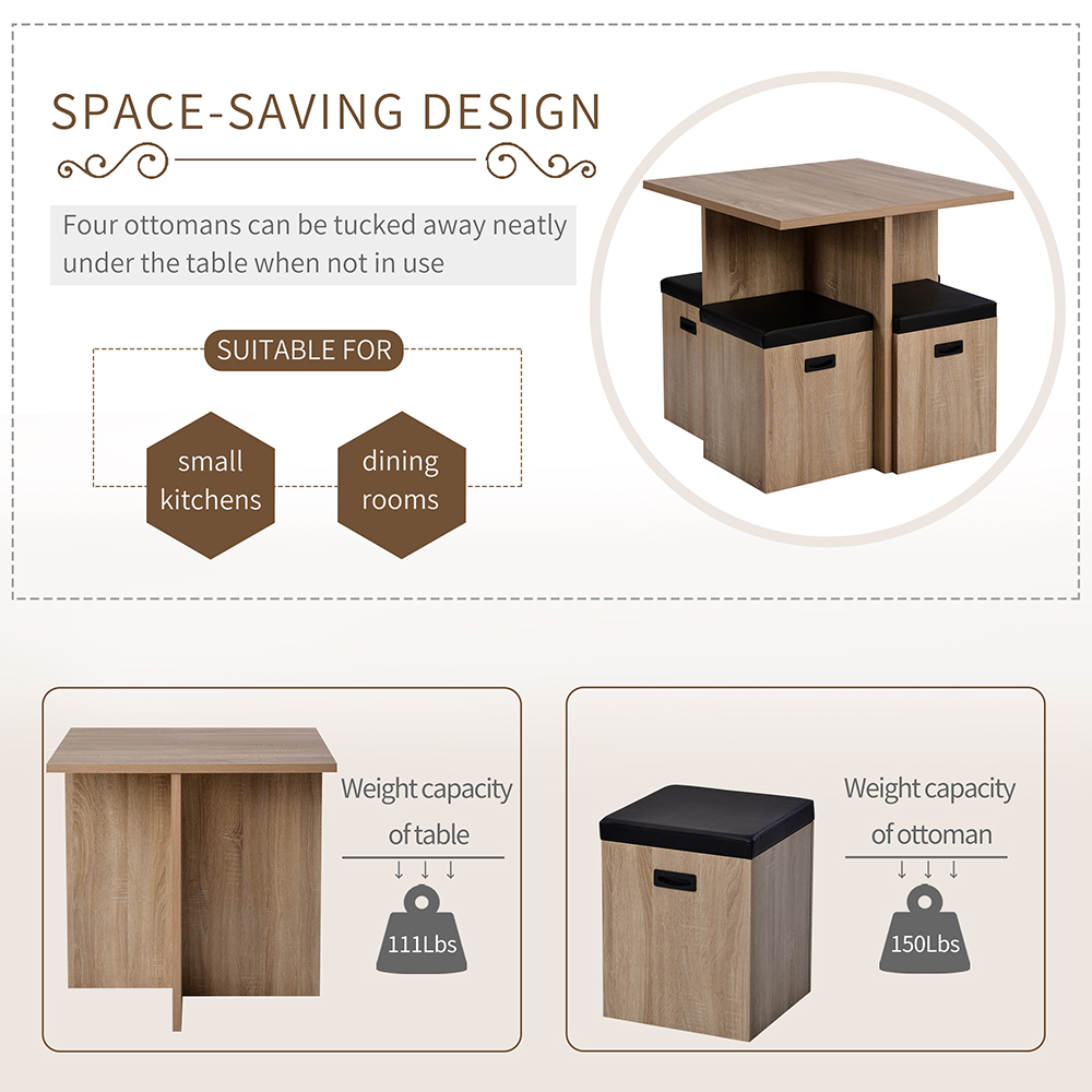 TREXM 5 Pieces Faux Wood Dining Table Set with 4 Storage Ottomans, for Kitchen, Living Room, Bedroom, Office - Beige