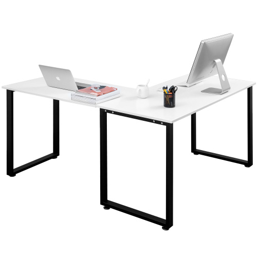 Home Office L-shape Computer Desk Wooden Tabletop Metal Frame - White