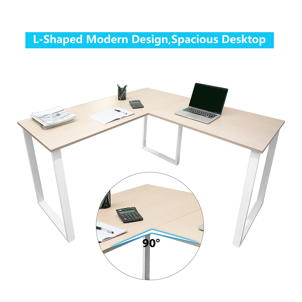 Home Office L-shape Computer Desk Wooden Tabletop Metal Frame - Oak + Wood
