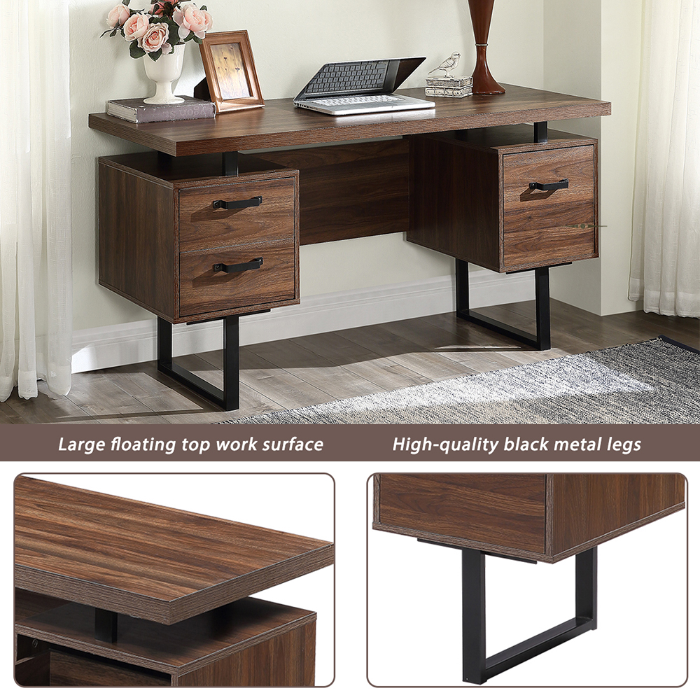 Home Office Computer Desk with Three File Drawers, U-shaped Metal Legs - Walnut