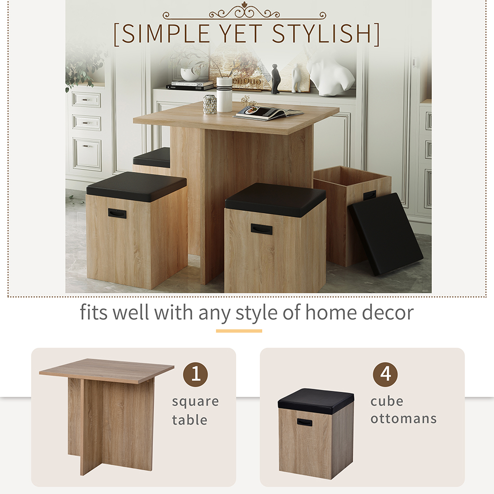 TREXM 5 Pieces Faux Wood Dining Table Set with 4 Storage Ottomans, for Kitchen, Living Room, Bedroom, Office - Beige