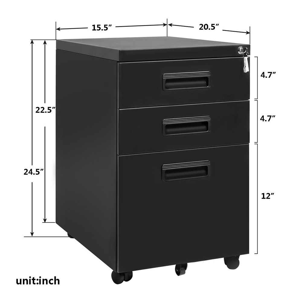 Home Office Steel Removable File Cabinet with 3 Drawers Black