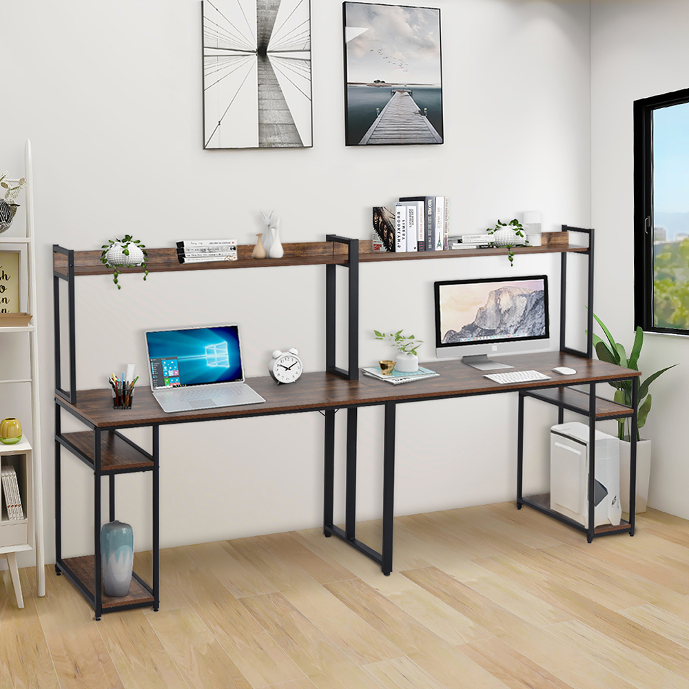 Home office Dual Person Computer Desk with Two-layer Shelf and Open Top Partition - Wood