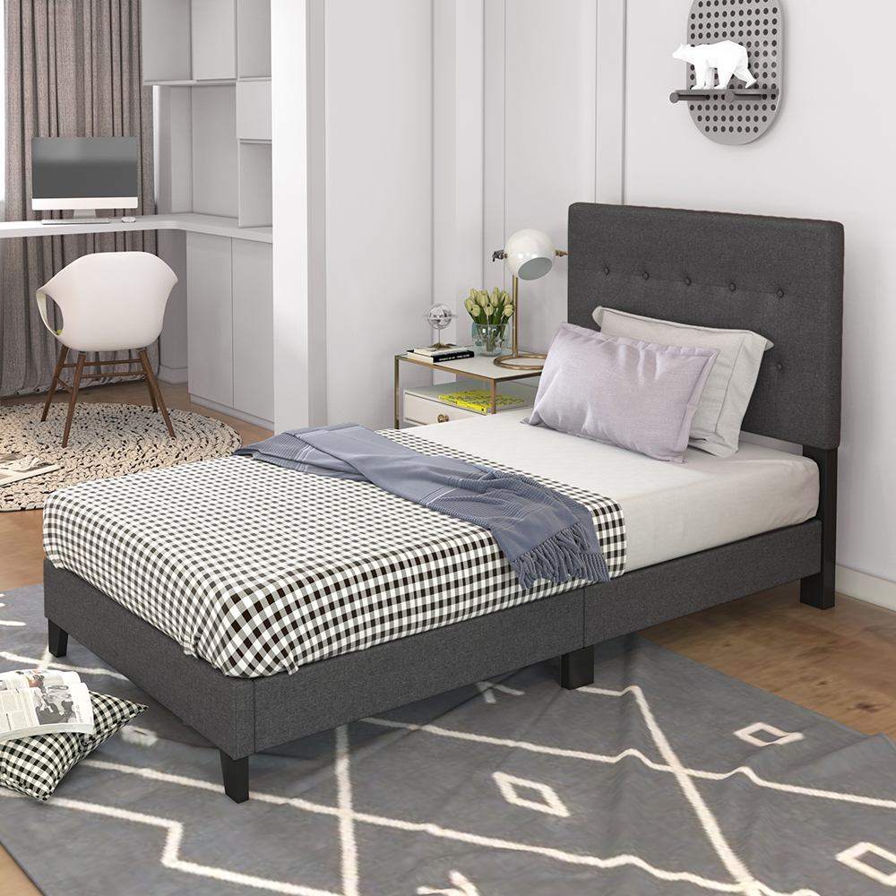 TOPMAX Upholstered Platform Bed Frame with Wooden Slat Support and Tufted Headboard Twin Size (Only Frame) - Dark Grey