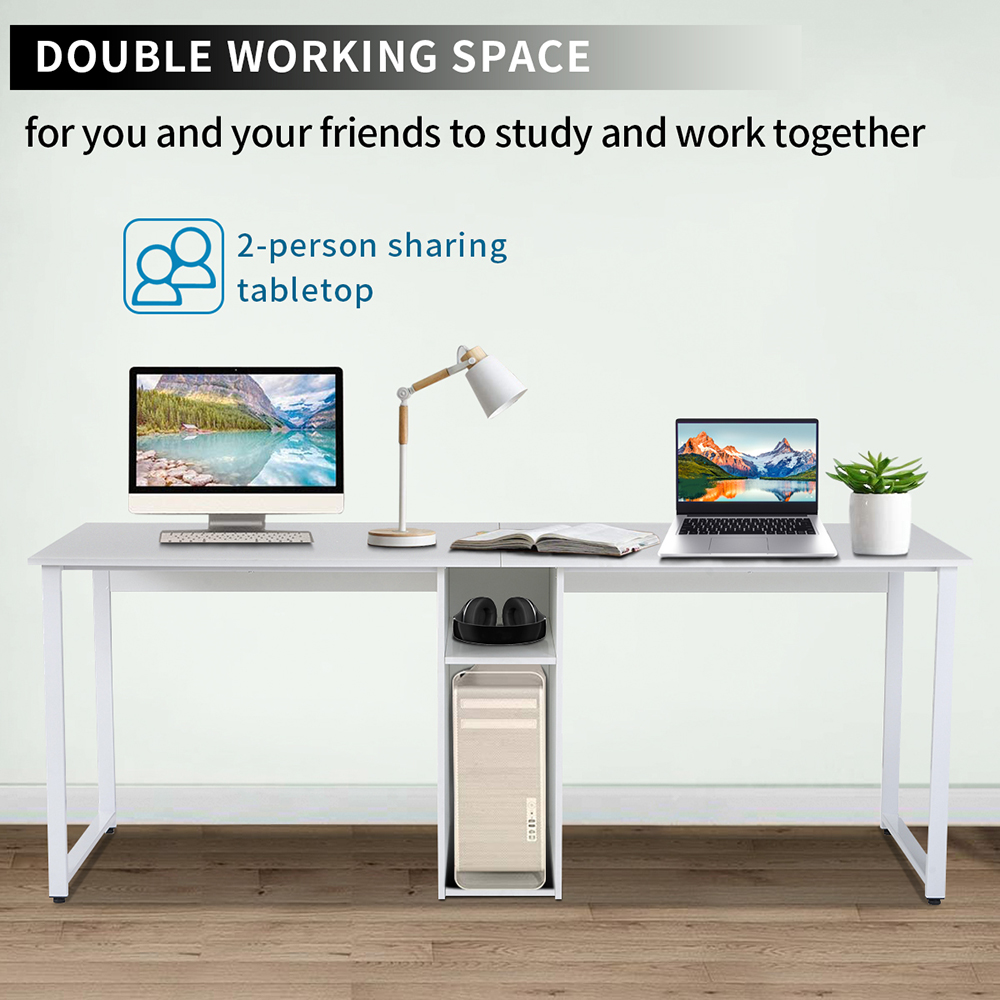 Home Office Dual Person Computer Desk with Two-layer Shelf and Wire Management Grommet - White