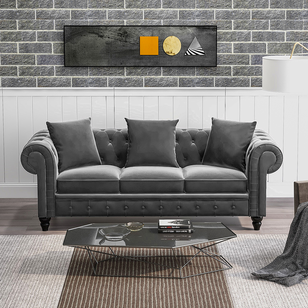 80" Velvet Upholstered Sofa Chesterfield Design with Roll Arm and 3 Pillows Suitable for Three People - Gray