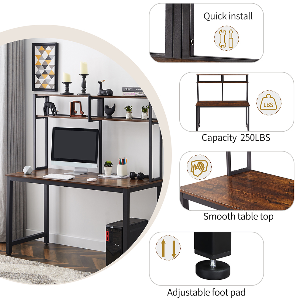 Home Office Computer Desk with Three-dimensional Shelf - Brown