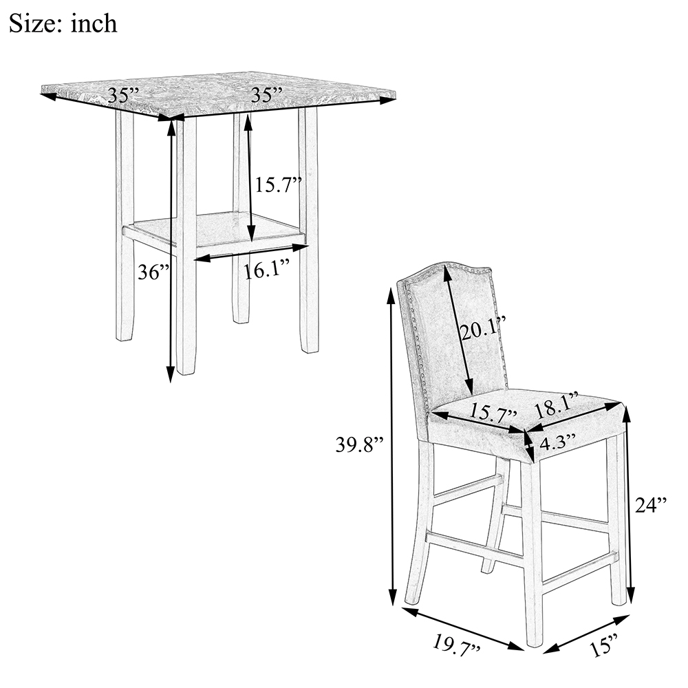 TOPMAX 5 Pieces of Rubber Wood Dining Set, with Shelf & 4 * Matching Chairs